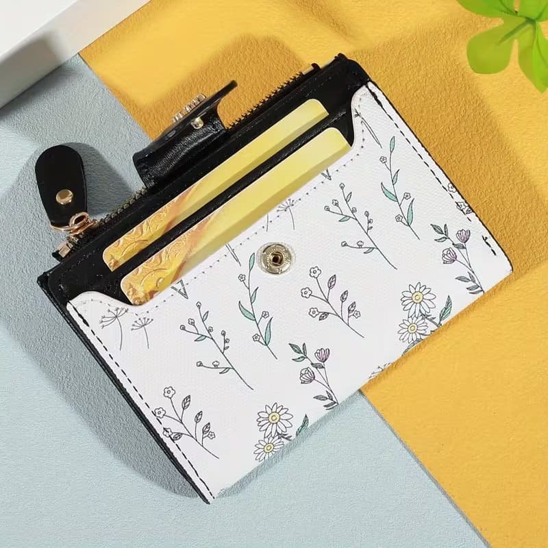 Billetera Bi-Fold Pequeña de Cuero Sintético Negro - Cartera Compacta con Broche de Hoja y Cierre a Presión (3)