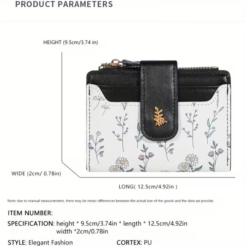 Billetera Bi-Fold Pequeña de Cuero Sintético Negro - Cartera Compacta con Broche de Hoja y Cierre a Presión (3)