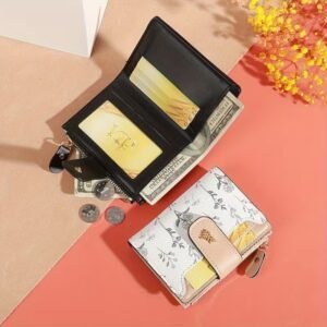 Billetera Bi-Fold Pequeña de Cuero Sintético Negro – Cartera Compacta con Broche de Hoja y Cierre a Presión
