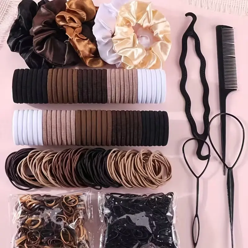 Set Masivo de Accesorios para el Cabello 1159 Piezas Coleteras Elásticas, Bandas Suaves y Rizadores (Negro Neutro) (4)