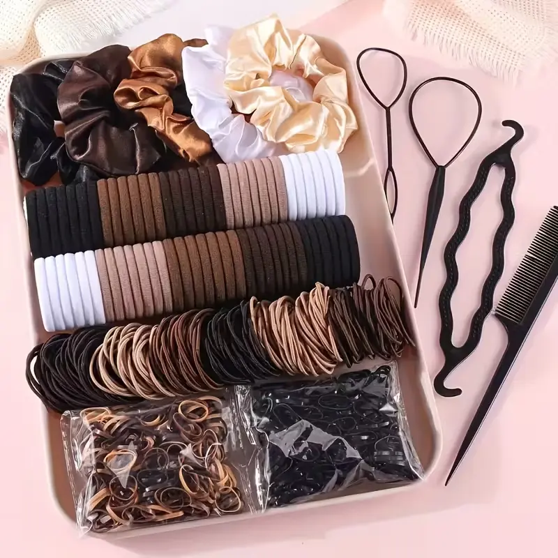 Set Masivo de Accesorios para el Cabello 1159 Piezas Coleteras Elásticas, Bandas Suaves y Rizadores (Negro Neutro) (4)