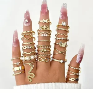 Set de 30 Anillos Apilables Dorados para Dama – Tamaños Mixtos para Nudillos y Pulgar