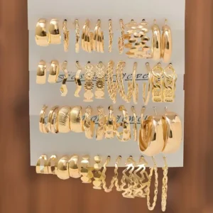 Set de 48 Pendientes de Aro Metálicos para Mujer – Color Dorado (Estilos Variados y Clásicos)