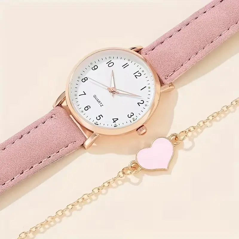 Set de Reloj de Cuarzo y Pulsera de Corazón para Mujer Color Rosa Dulce (Juego de 2 Piezas para Regalo) (3)