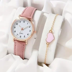 Set de Reloj de Cuarzo y Pulsera de Corazón para Mujer – Color Rosa Dulce (Juego de 2 Piezas para Regalo)