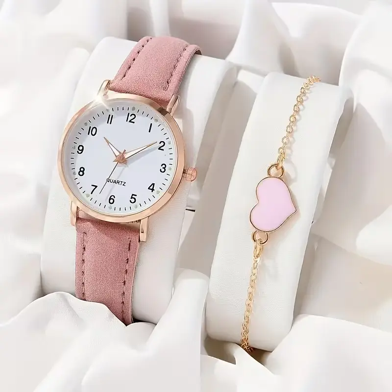 Set de Reloj de Cuarzo y Pulsera de Corazón para Mujer Color Rosa Dulce (Juego de 2 Piezas para Regalo) (3)