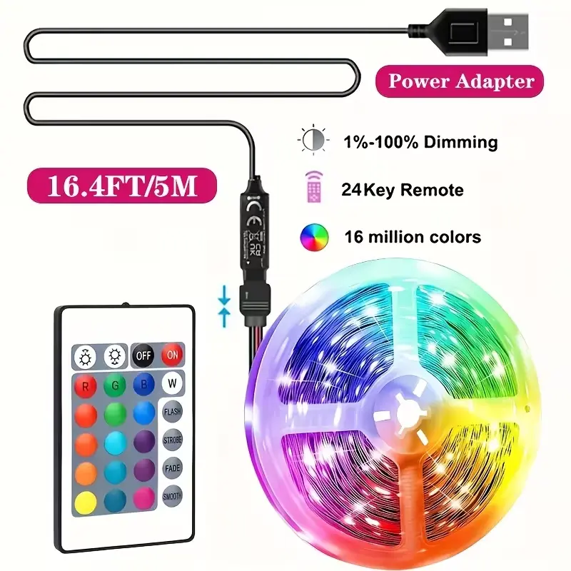 Tira de Luces LED Inteligentes USB de 5 Metros - Control Remoto IR 24 Botones e Iluminación RGB Ambientación (4)